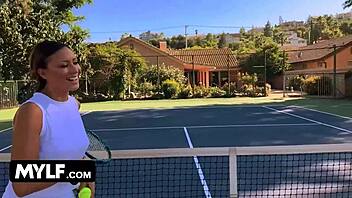 Stepmother and stepson compete in a hot tennis match and then have sex.
