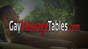 Gay European masseuses engage in outdoor bareback blowjob