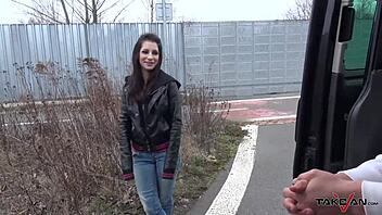 Squirting brunette with naked ass fucks stranger in van on street