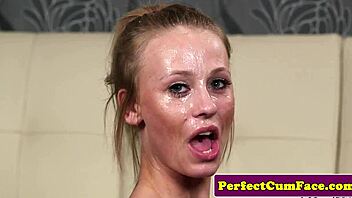 Pretty European girl gets facial after a good blowjob and cum session