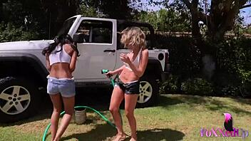 hot babes jenna foxx and shy love get wild in jeep