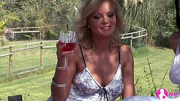 blonde and brunette babes in bold outdoor lesbian sex at the garden