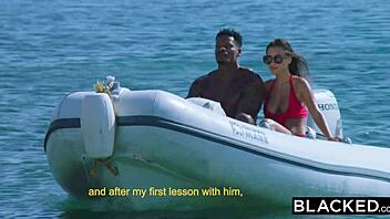 Beautiful woman with a perfect body has sex with her black BBC diving coach