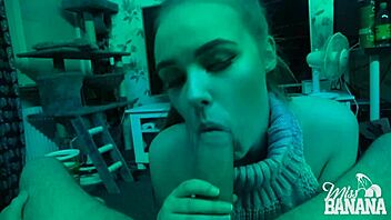 A Scandinavian man enjoys a banana and gives a blowjob in the dark