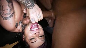 Thick tattooed brunette rides oiled monster cock in anime style