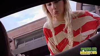 Outdoor public handjob audition for blonde teen Odette
