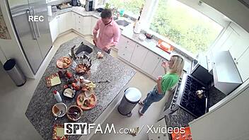 Spyfam step sis gets drilled in kitchen on Thanksgiving Day!