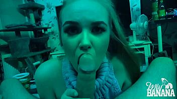 A Scandinavian man enjoys a banana and gives a blowjob in the dark