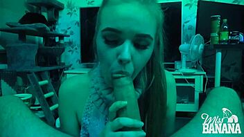 A Scandinavian man enjoys a banana and gives a blowjob in the dark