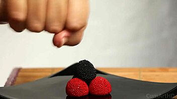 Intense CFNM handjob session with cum on candy berries and food