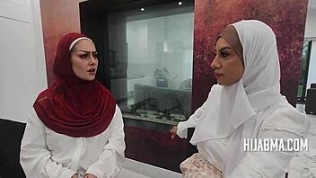 Wives in hijab compete in sexual threesome with MILF