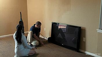 The curvy latina wife seduces the cable guy while her husband is away.