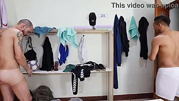 Secret gay encounter with big cock in locker room.