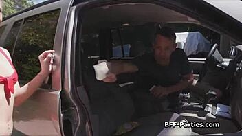 Three sluts in bikinis perform car wash foursome