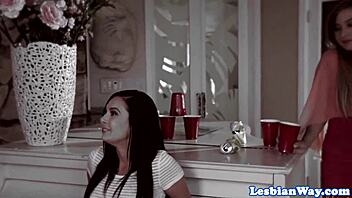 Gorgeous teen engages in outdoor scissoring with tan lines and fingering.