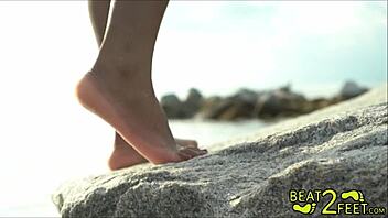 Petite teen's solo beach adventure with foot fetish