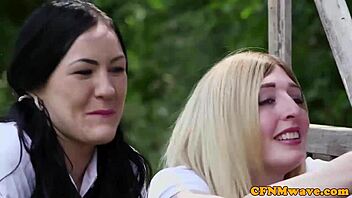 These British sluts wank bound dudes' cocks in CFNM.