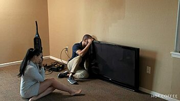 The curvy latina wife seduces the cable guy while her husband is away.