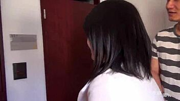 ami ooya gives shaved asian handjob and blowjob