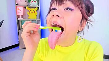 Purple Jordan's toothbrushing scene with a lot of slobber and spitting