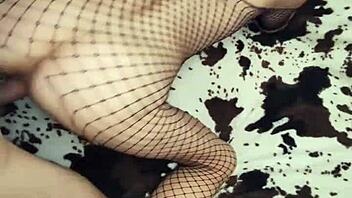 Milf wife in fishnet body gets anal stretched