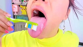 Purple Jordan's toothbrushing scene with a lot of slobber and spitting
