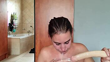 Gathering Saliva While Deepthroating a Double-Ended Dildo for Saliva Fetish