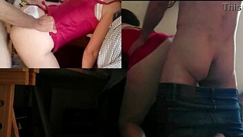 1504 04 - french slut in red satin dress and satin lingerie white thong and bra clothed sex high heels blowjob rimming doggy style andromaque position