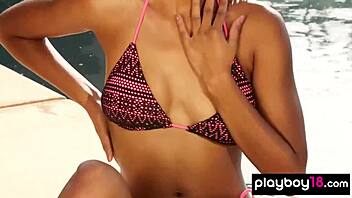 why is this ebony babe stripping by the pool? she asks, clothes ripping off her shaved pussy.