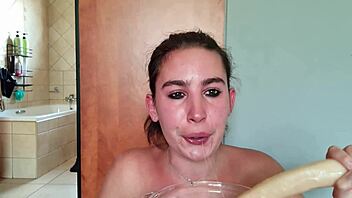 Gathering Saliva While Deepthroating a Double-Ended Dildo for Saliva Fetish