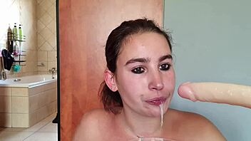 Gathering Saliva While Deepthroating a Double-Ended Dildo for Saliva Fetish