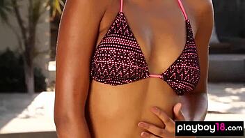 why is this ebony babe stripping by the pool? she asks, clothes ripping off her shaved pussy.