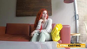 Curvy Latina redhead participates in casting interview with messy facial and swallow