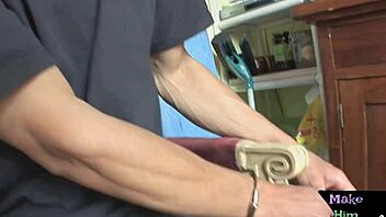 The bound cuckold boyfriend watches as his girlfriend gets screwed by an older man