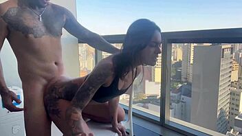 Cunhadinha surprises with thong visit on hotel balcony in fishnets