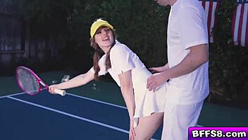 Besties take a hardcore tennis lesson from a hunk