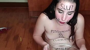 Amateur teen eats pee tainted fruits and writes dirty messages on her body