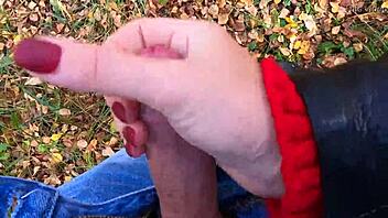 Cute teen 18+ Nata Sweet risks public handjob in forest. Caught while jerking off outdoors!