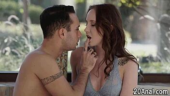 erotic hottie with small tits rides monster cock in hardcore anal scene, brunette blows before assfucking