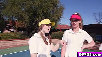 Besties take a hardcore tennis lesson from a hunk