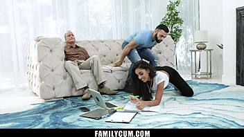 Stepbro fucks his latina stepsis while stepdad naps.