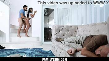Stepbro fucks his latina stepsis while stepdad naps.