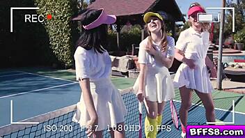 Besties take a hardcore tennis lesson from a hunk