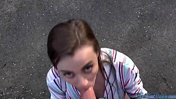 Beautiful woman with natural big boobs gives a great blowjob and fuck in public for money