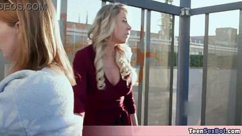 Two Blonde Chicks PAY with PUSSY and MOUTH for Bus Fare Outdoors