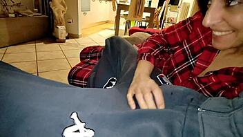 wife in pajamas fucks friend in silence while husband is in room