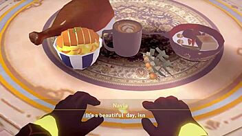 In the 3d cartoon world, navia spends the night with aether in pov anime style