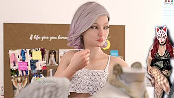 A young blonde cosplayer in a skimpy skirt and costumes in an animated porn video