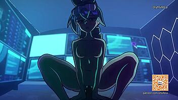 In this 2D animation, she rides cowgirl style