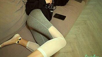 Skinny neighbor caught masturbating in torn leggings